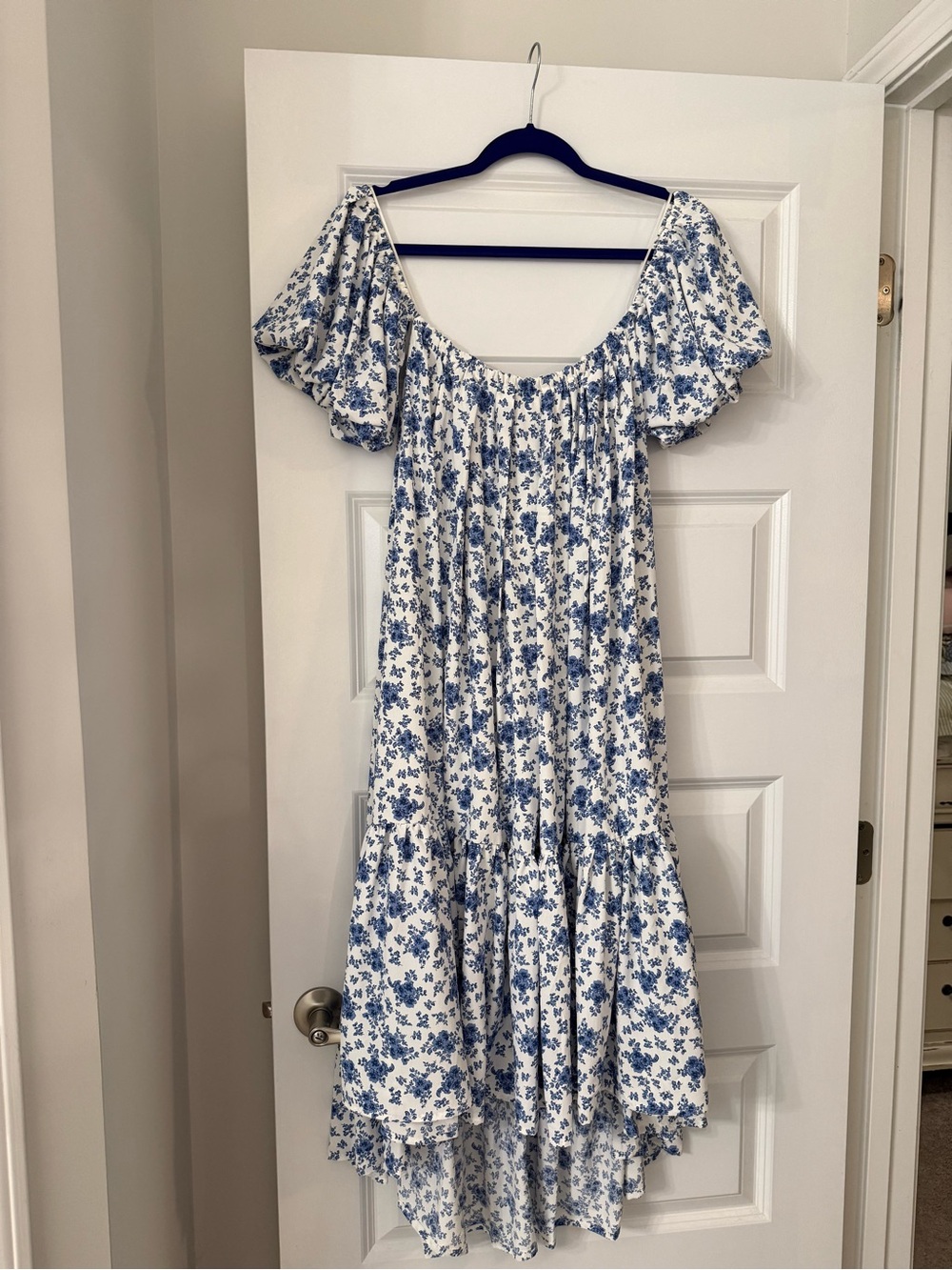 Mable White and Blue Floral Off-Shoulder High-Low Midi Dress